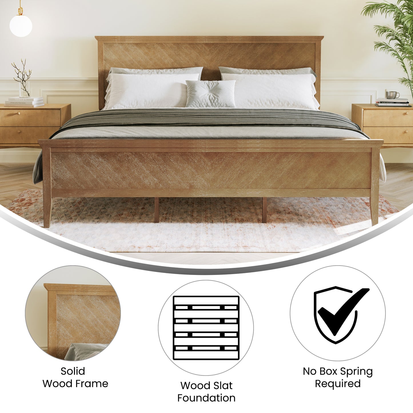 Fiona Light Brown King Size Solid Wood Platform Bed Frame with Headboard, Footboard, and Slatted Bottom Light Brown
