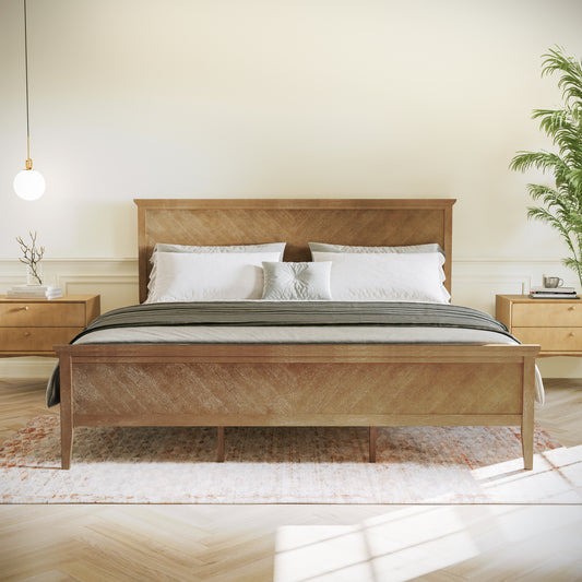 Fiona Light Brown King Size Solid Wood Platform Bed Frame with Headboard, Footboard, and Slatted Bottom Light Brown