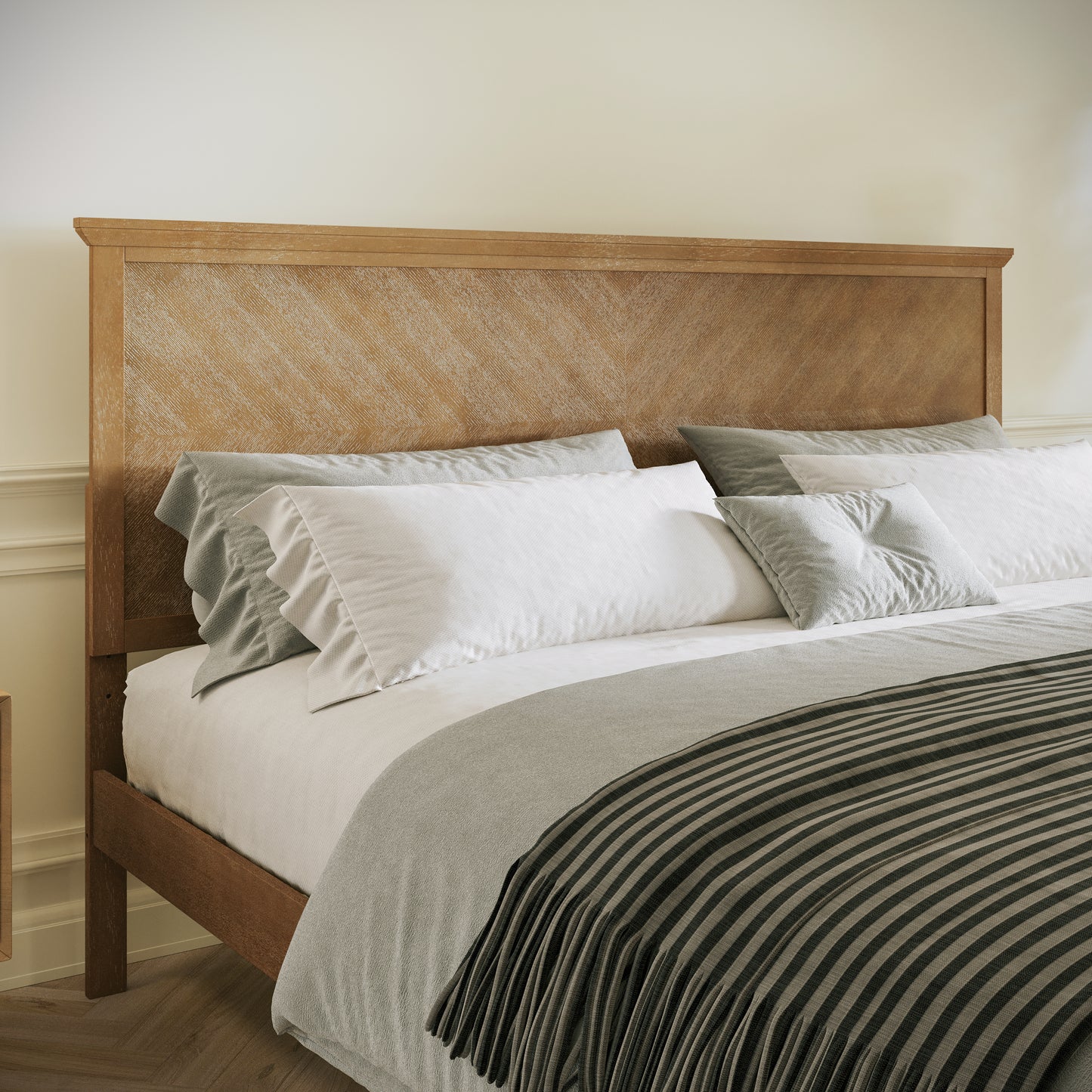 Fiona Light Brown King Size Solid Wood Platform Bed Frame with Headboard, Footboard, and Slatted Bottom Light Brown