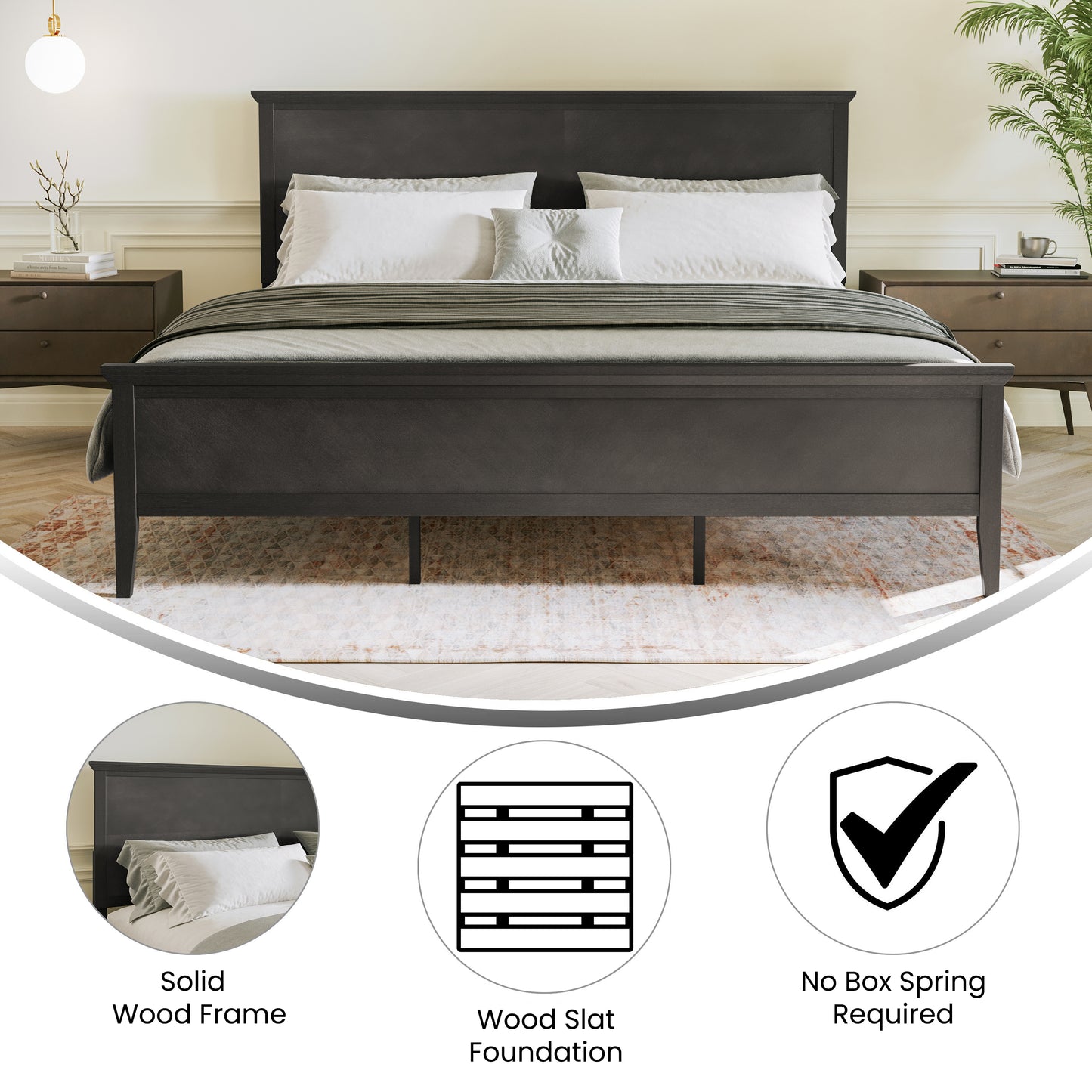 Fiona Dark Gray King Size Solid Wood Platform Bed Frame with Headboard, Footboard, and Slatted Bottom Dark Gray MG-0900-29-KB-DKGRY-GG