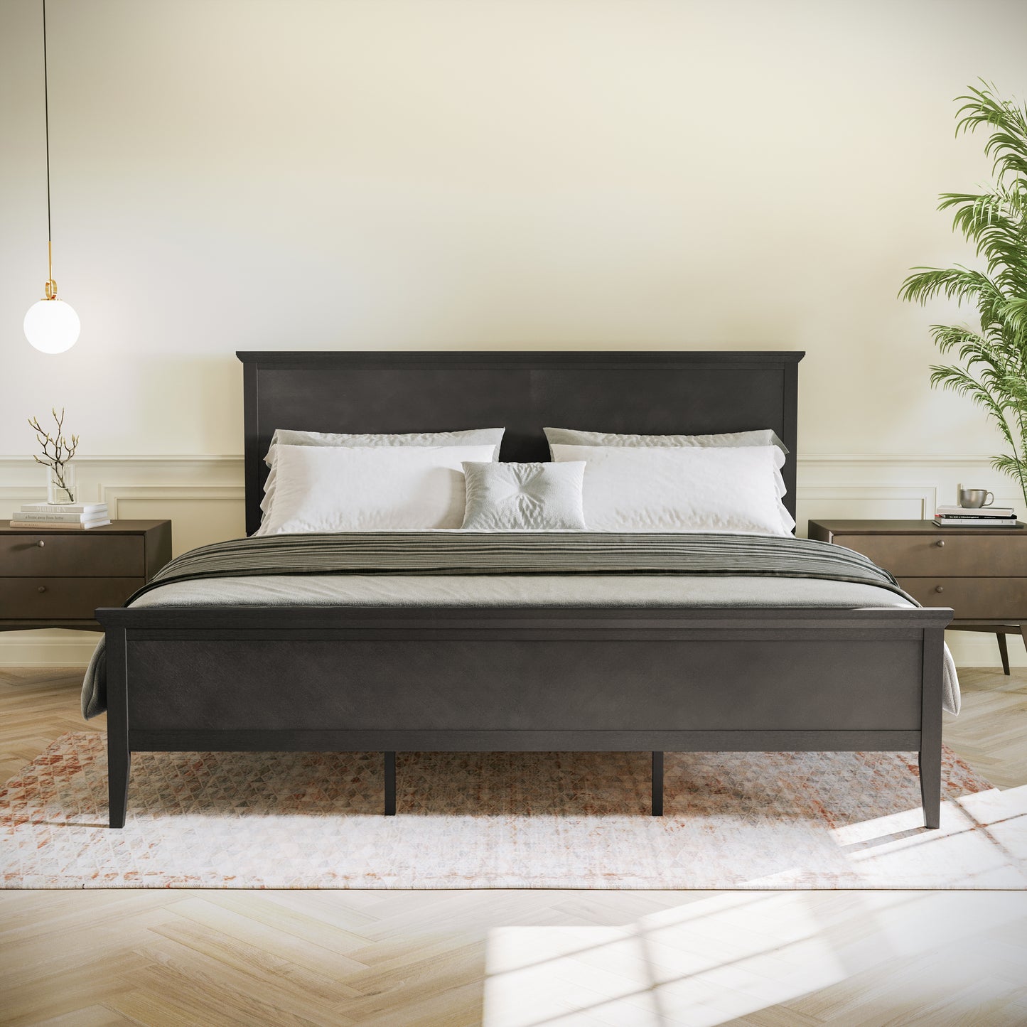 Fiona Dark Gray King Size Solid Wood Platform Bed Frame with Headboard, Footboard, and Slatted Bottom Dark Gray MG-0900-29-KB-DKGRY-GG