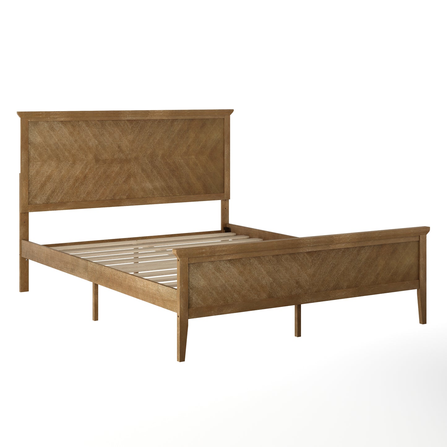 Fiona Light Brown Queen Size Solid Wood Platform Bed Frame with Headboard, Footboard, and Slatted Bottom Light Brown