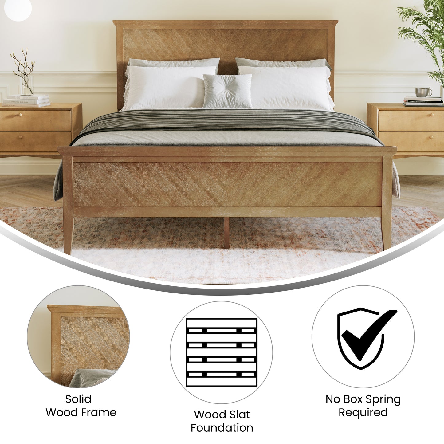 Fiona Light Brown Queen Size Solid Wood Platform Bed Frame with Headboard, Footboard, and Slatted Bottom Light Brown