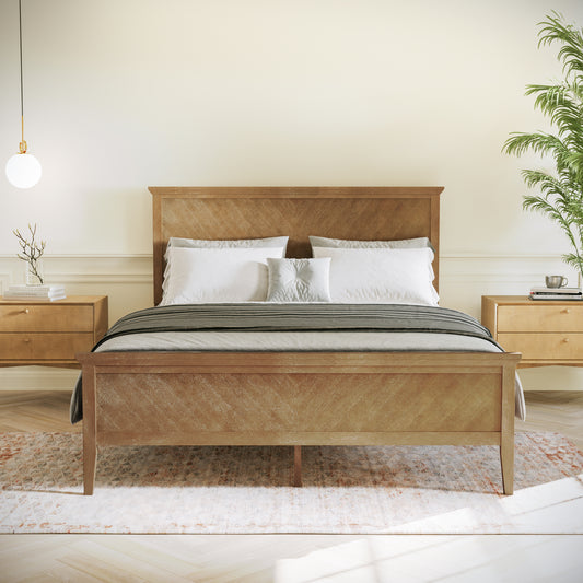 Fiona Light Brown Queen Size Solid Wood Platform Bed Frame with Headboard, Footboard, and Slatted Bottom Light Brown
