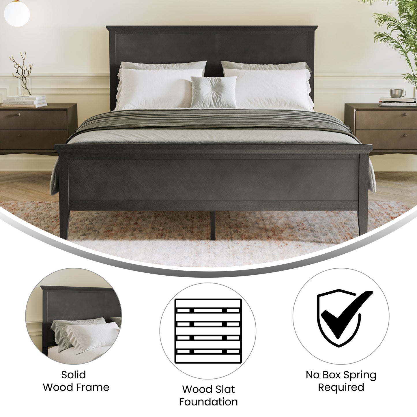 Fiona Dark Gray Queen Size Solid Wood Platform Bed Frame with Headboard, Footboard, and Slatted Bottom Dark Gray