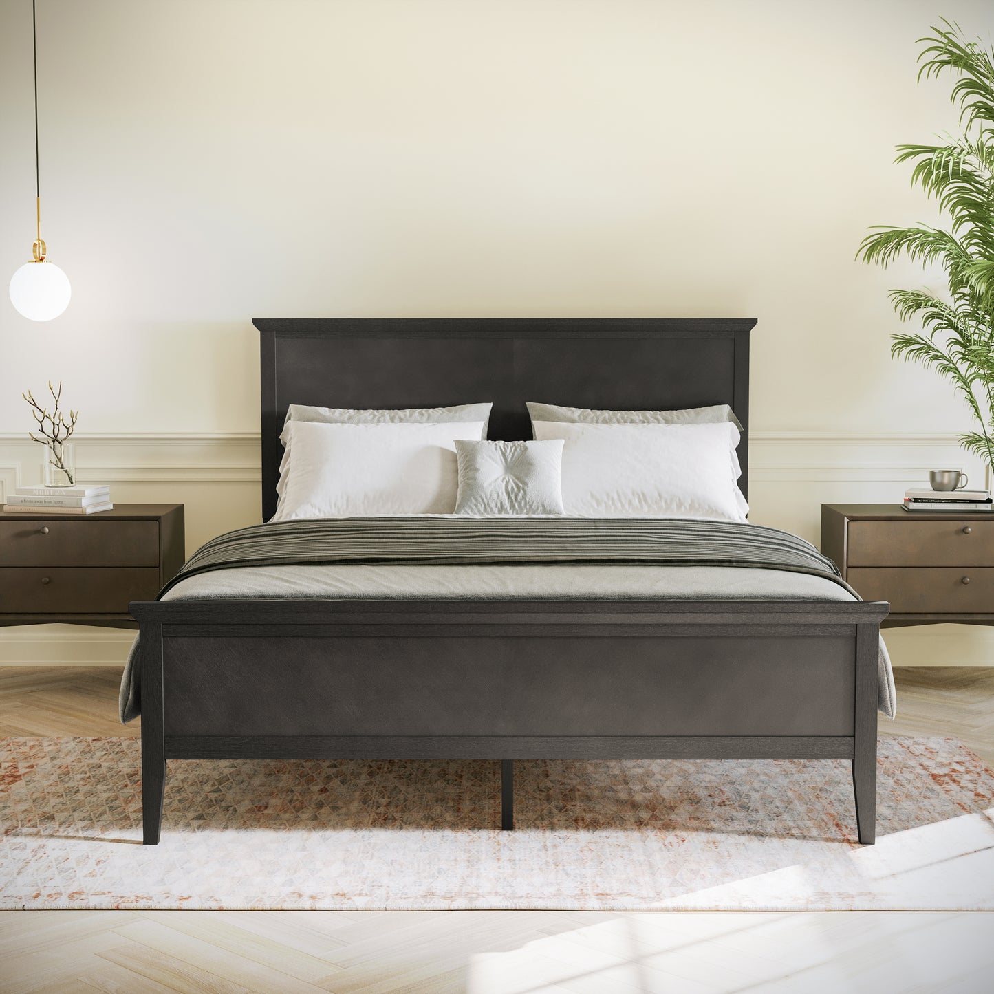 Fiona Dark Gray Queen Size Solid Wood Platform Bed Frame with Headboard, Footboard, and Slatted Bottom Dark Gray