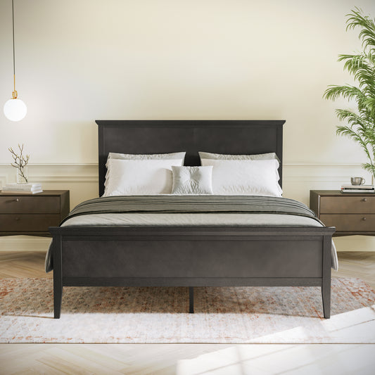 Fiona Dark Gray Queen Size Solid Wood Platform Bed Frame with Headboard, Footboard, and Slatted Bottom Dark Gray