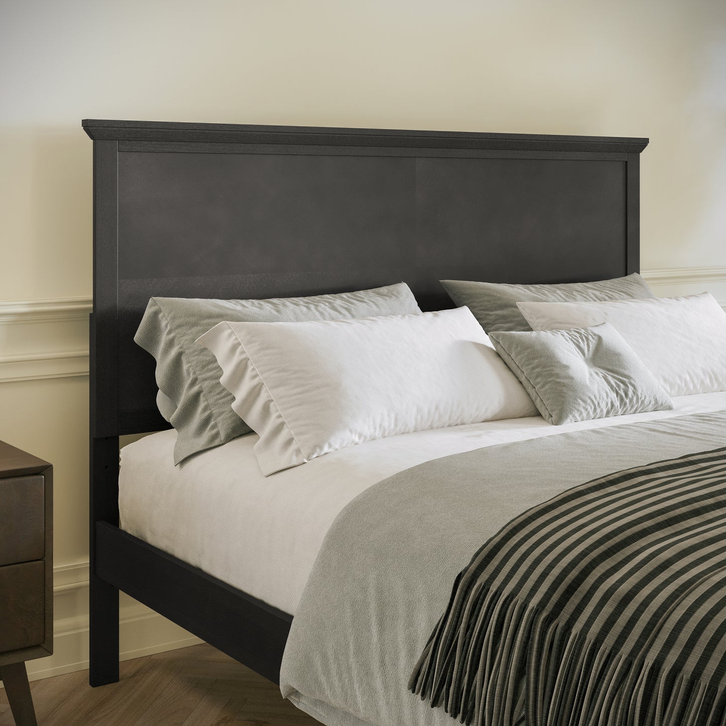 Fiona Dark Gray Queen Size Solid Wood Platform Bed Frame with Headboard, Footboard, and Slatted Bottom Dark Gray