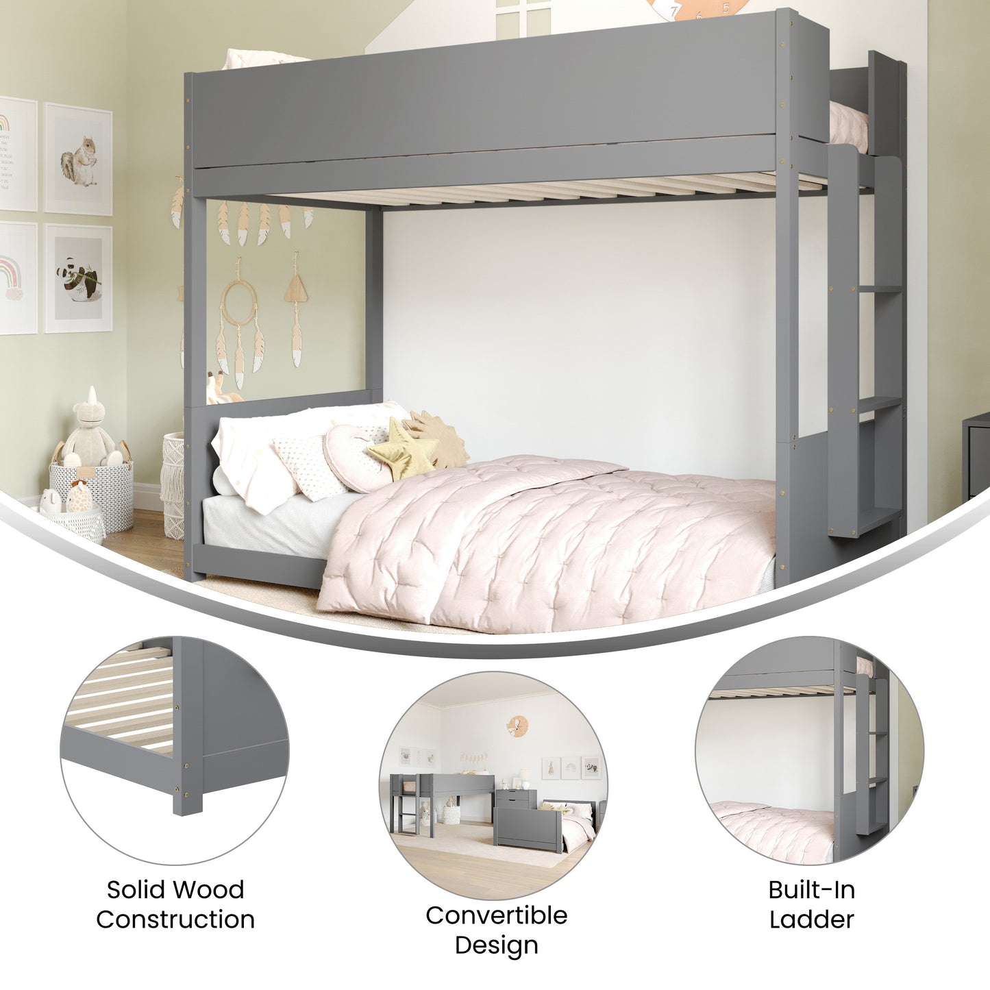 Dallas Bunk Bed Twin Over Twin, Convertible Solid Wood Bunk Bed Frame with Ladder for Kids, No Box Spring Needed in Gray Gray