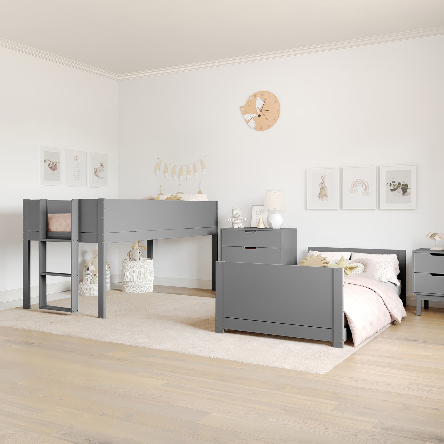Dallas Bunk Bed Twin Over Twin, Convertible Solid Wood Bunk Bed Frame with Ladder for Kids, No Box Spring Needed in Gray Gray