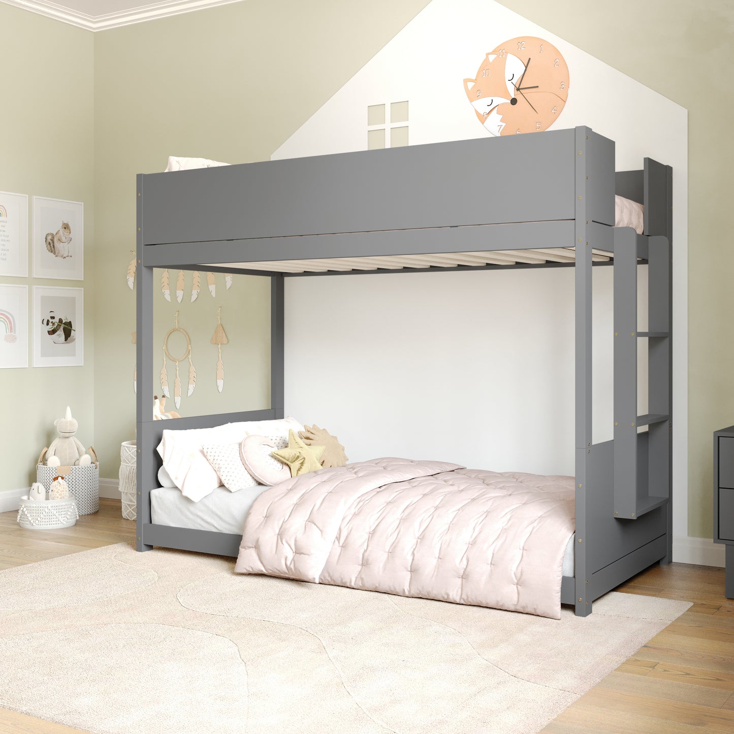 Dallas Bunk Bed Twin Over Twin, Convertible Solid Wood Bunk Bed Frame with Ladder for Kids, No Box Spring Needed in Gray Gray