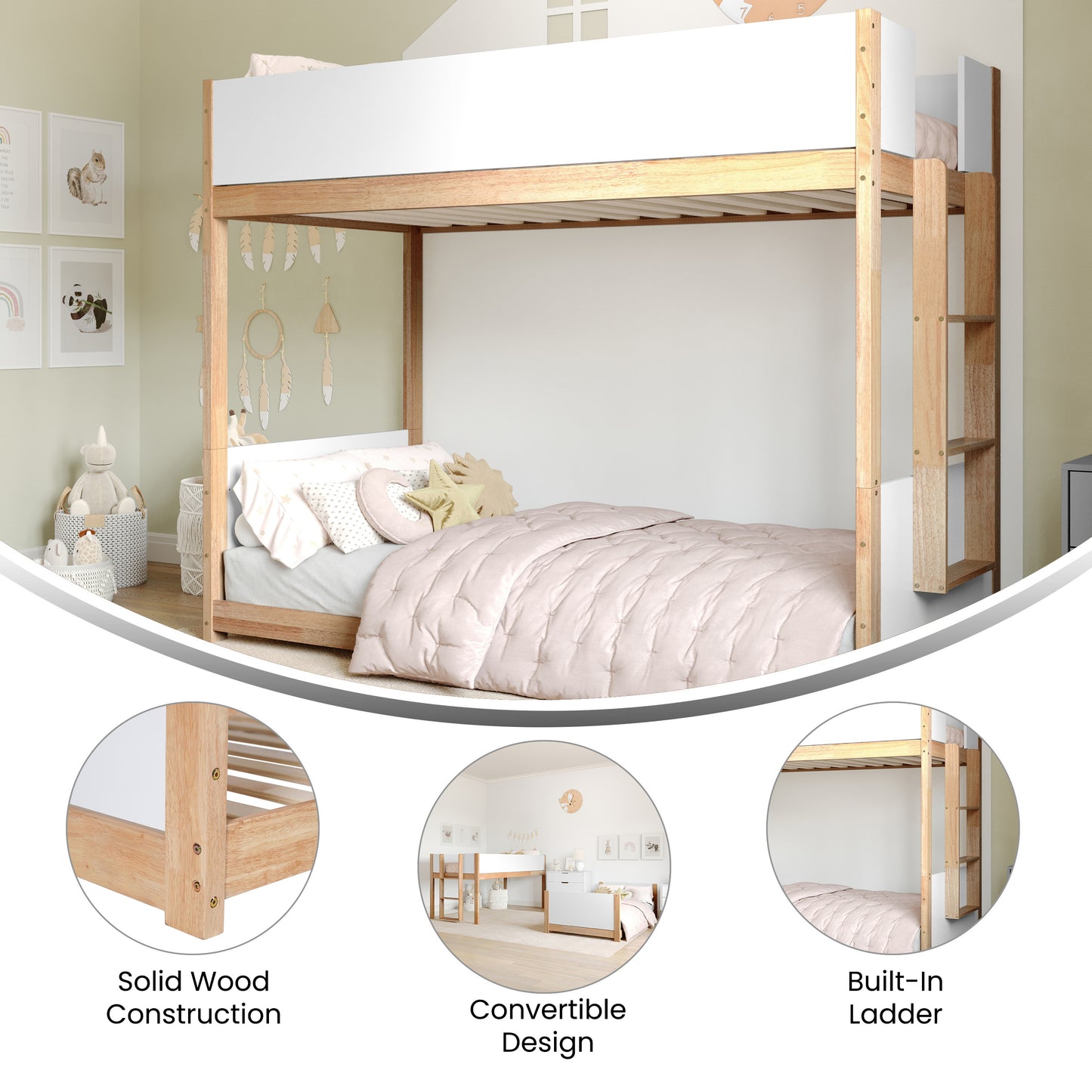 Dallas Bunk Bed Twin Over Twin, Convertible Solid Wood Bunk Bed Frame with Ladder for Kids, No Box Spring Needed in White/Natural White/Natural
