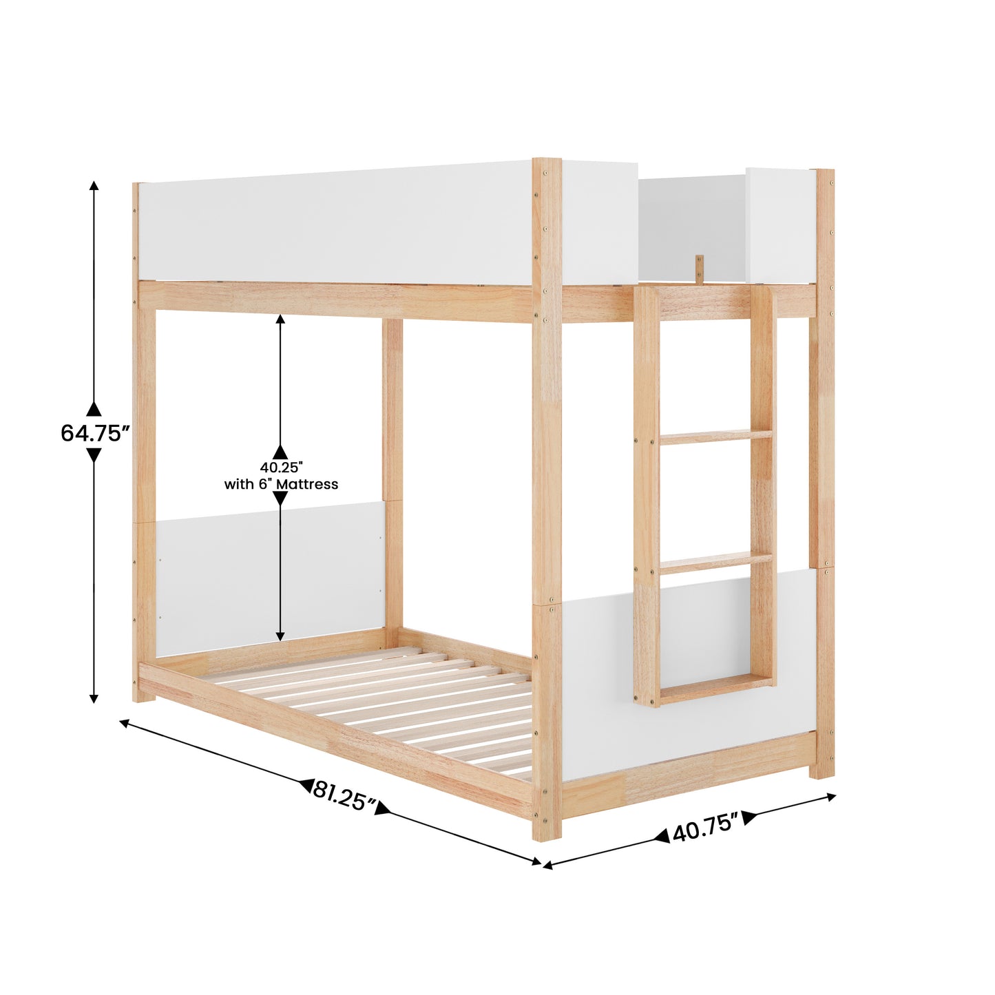 Dallas Bunk Bed Twin Over Twin, Convertible Solid Wood Bunk Bed Frame with Ladder for Kids, No Box Spring Needed in White/Natural White/Natural