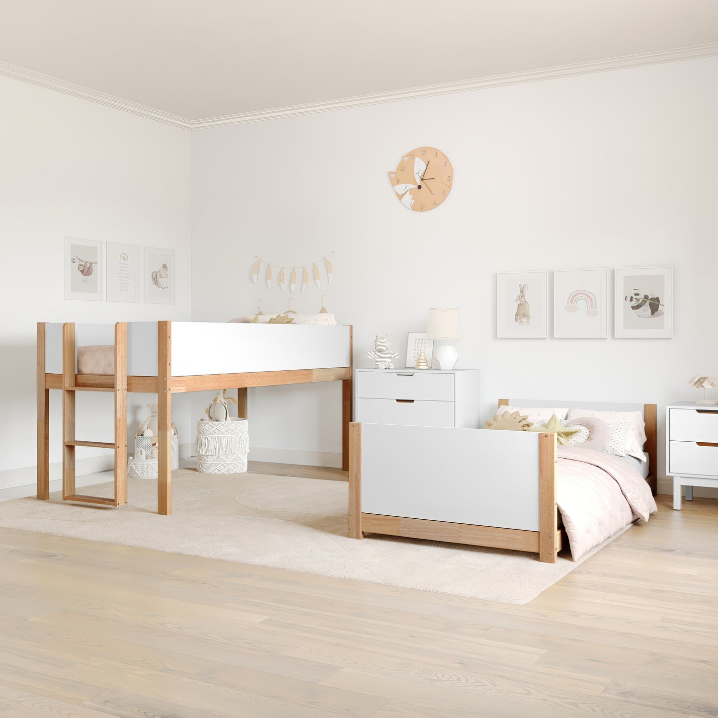 Dallas Bunk Bed Twin Over Twin, Convertible Solid Wood Bunk Bed Frame with Ladder for Kids, No Box Spring Needed in White/Natural White/Natural