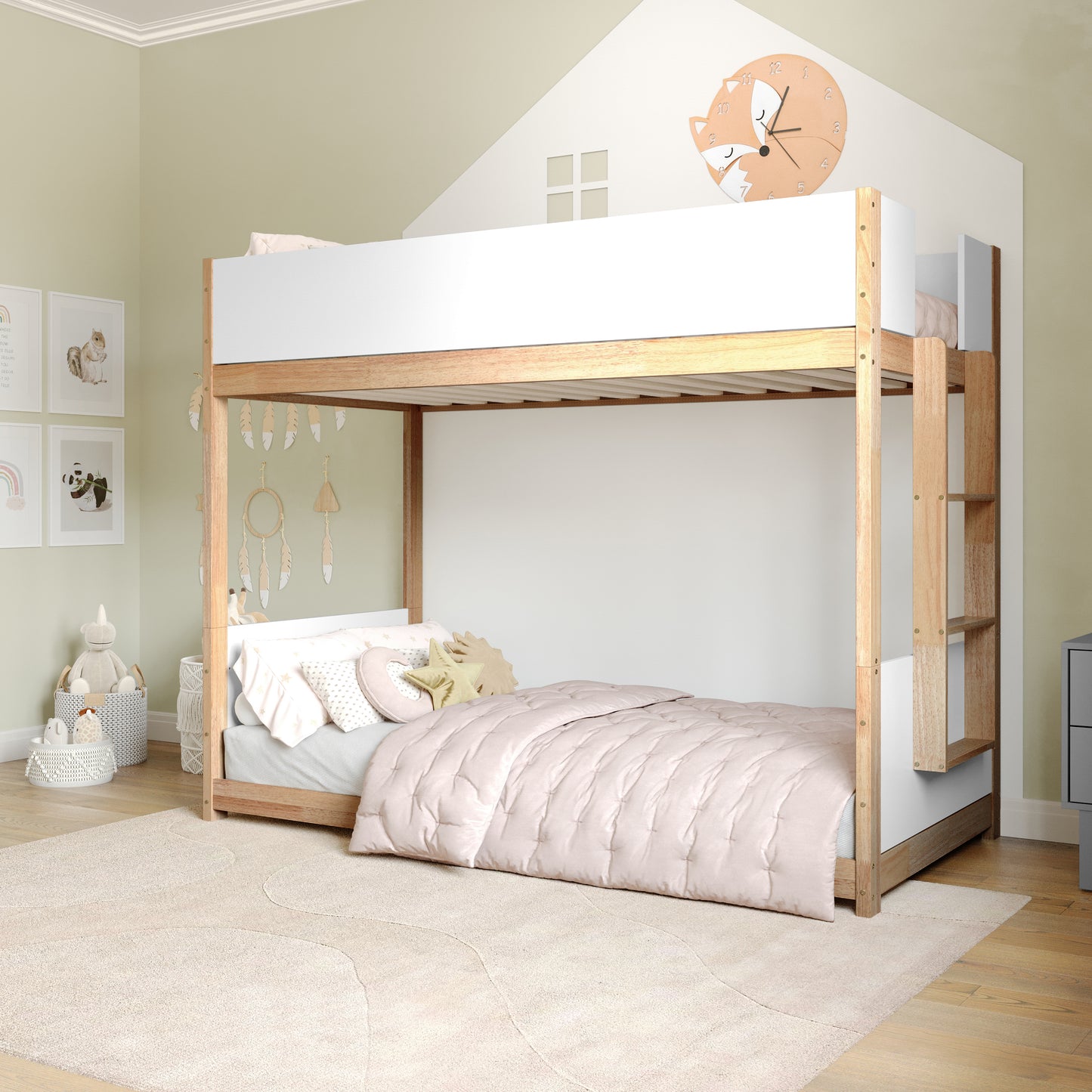 Dallas Bunk Bed Twin Over Twin, Convertible Solid Wood Bunk Bed Frame with Ladder for Kids, No Box Spring Needed in White/Natural White/Natural
