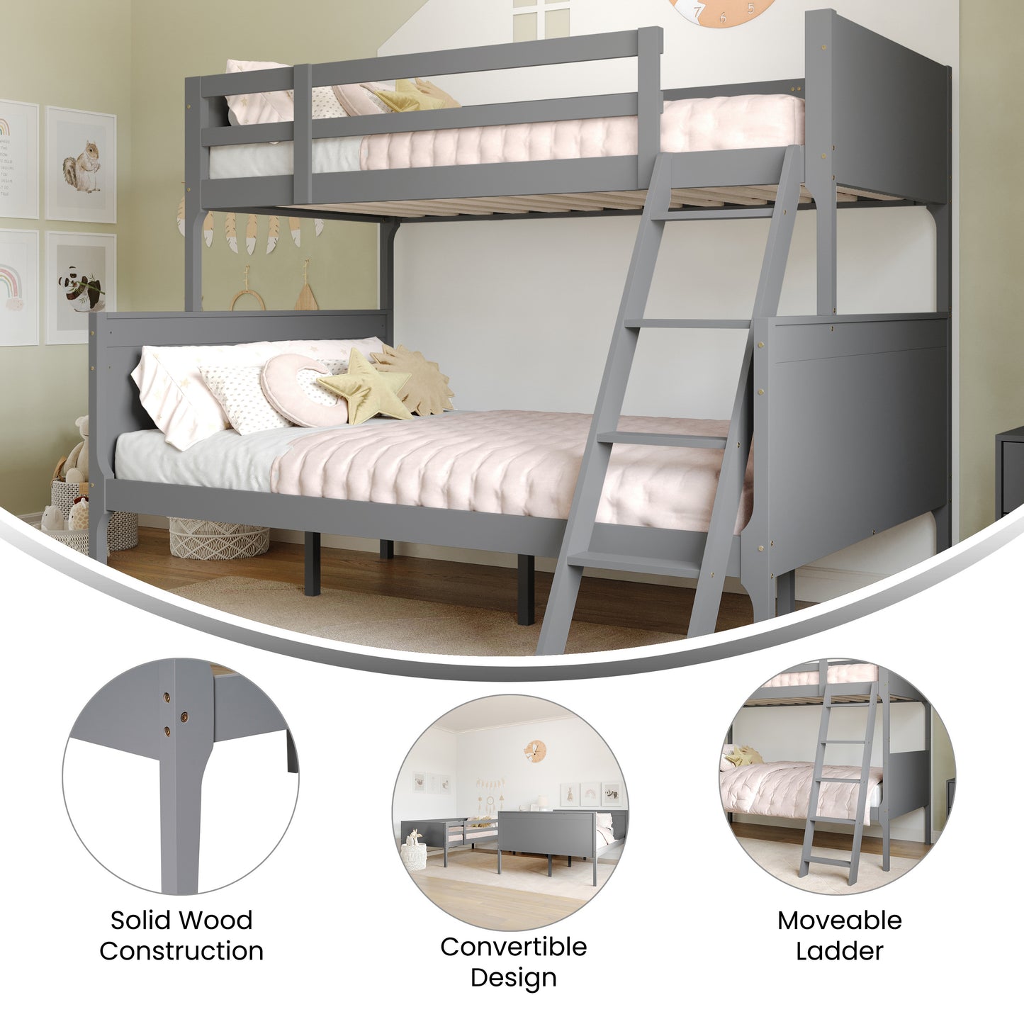 Dallas Bunk Bed Twin Over Full, Convertible Slatted Solid Wood Bunk Bed Frame with Ladder for Kids, No Box Spring Needed in Gray Gray