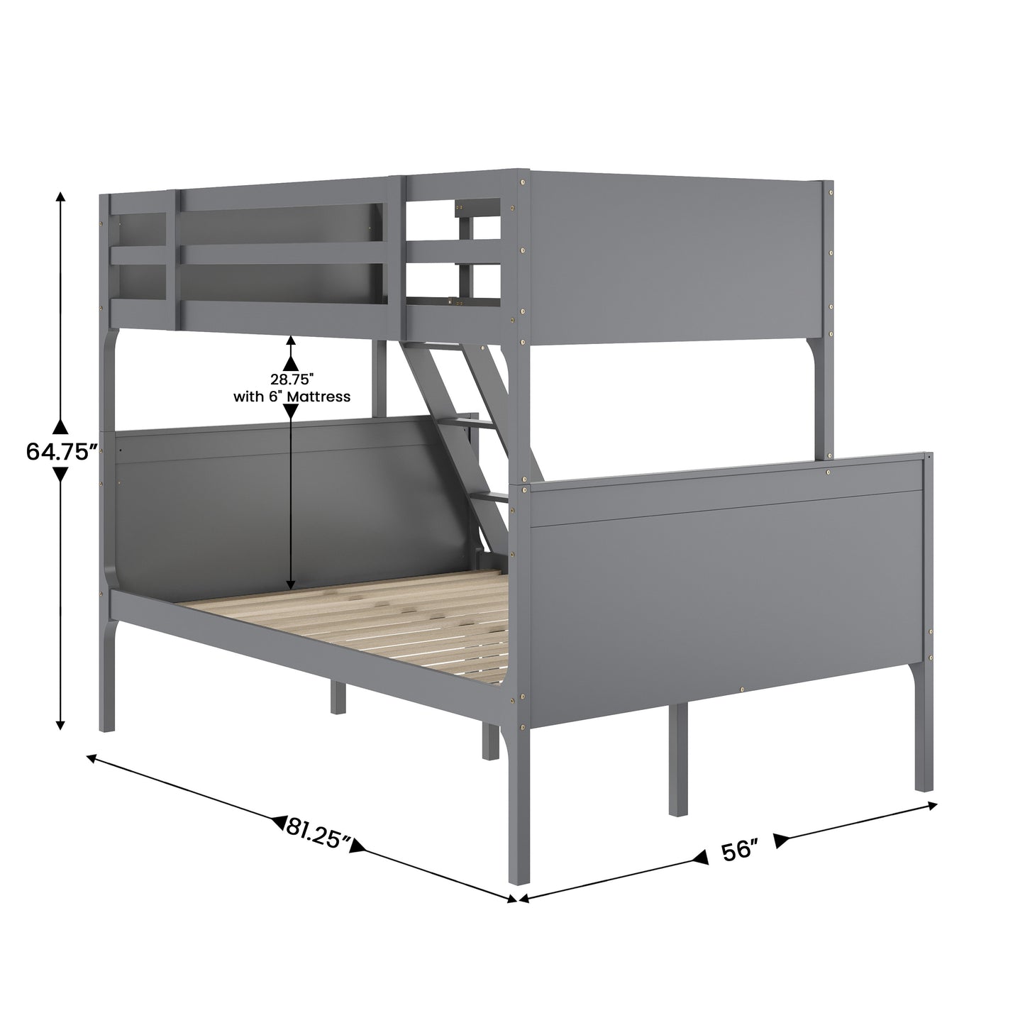 Dallas Bunk Bed Twin Over Full, Convertible Slatted Solid Wood Bunk Bed Frame with Ladder for Kids, No Box Spring Needed in Gray Gray