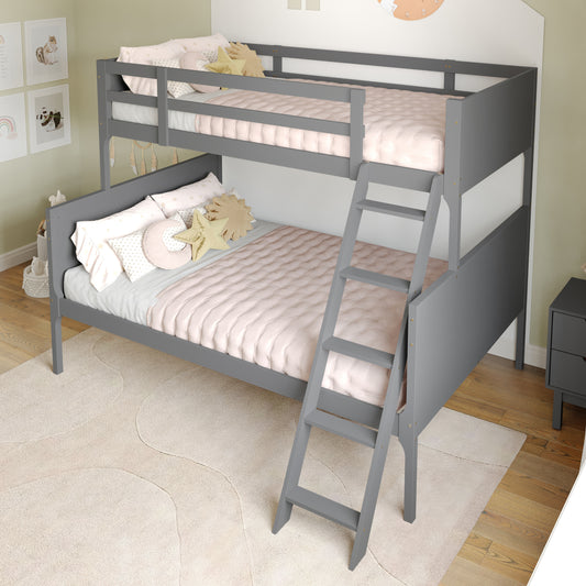 Dallas Bunk Bed Twin Over Full, Convertible Slatted Solid Wood Bunk Bed Frame with Ladder for Kids, No Box Spring Needed in Gray Gray