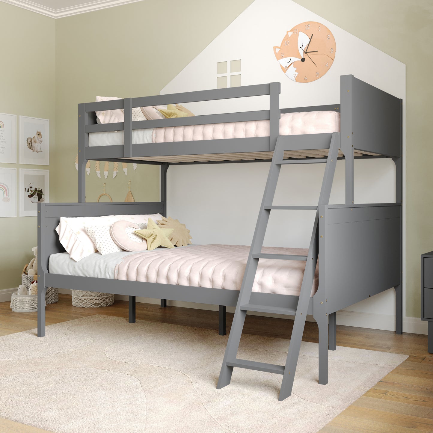 Dallas Bunk Bed Twin Over Full, Convertible Slatted Solid Wood Bunk Bed Frame with Ladder for Kids, No Box Spring Needed in Gray Gray