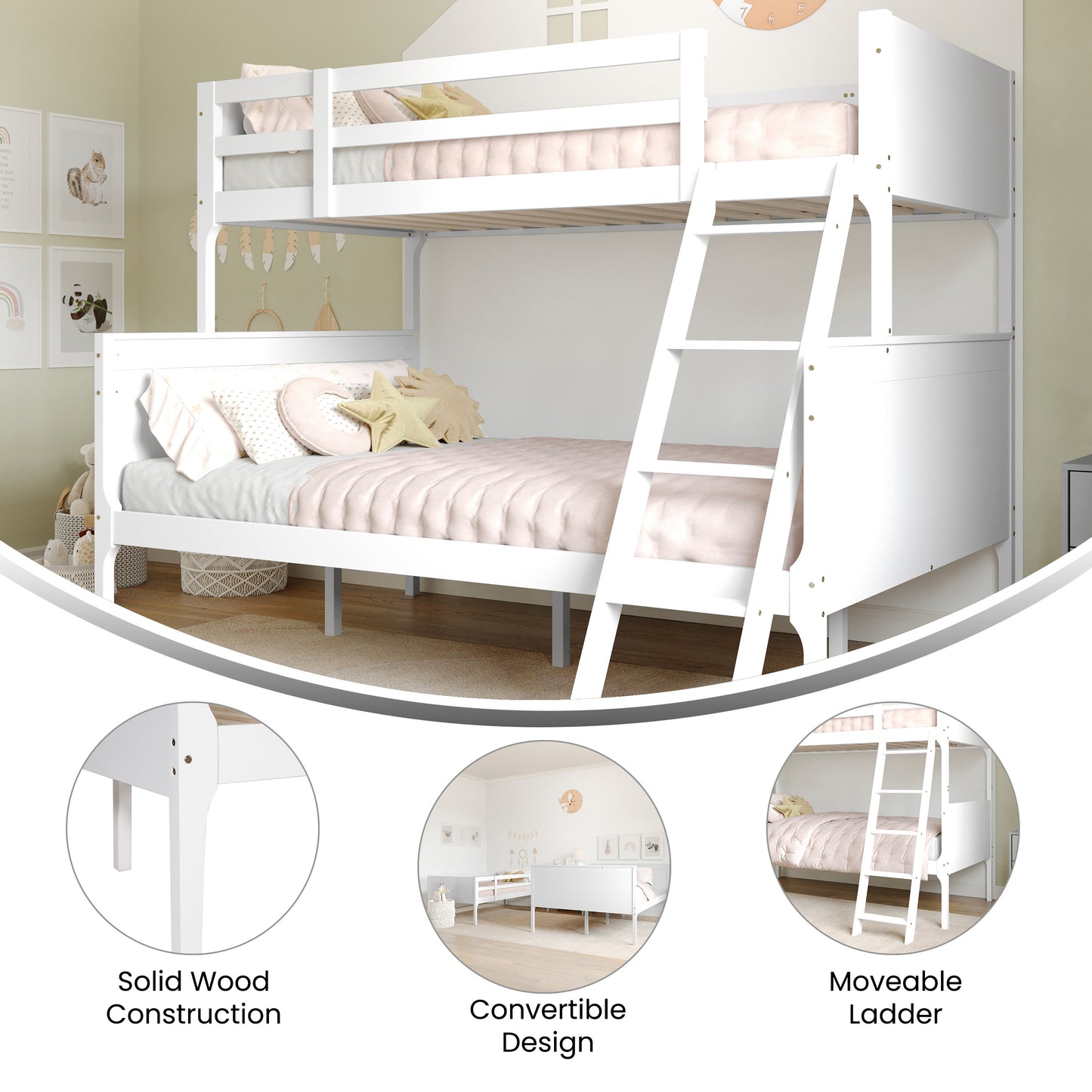Dallas Bunk Bed Twin Over Full, Convertible Slatted Solid Wood Bunk Bed Frame with Ladder for Kids, No Box Spring Needed in White White