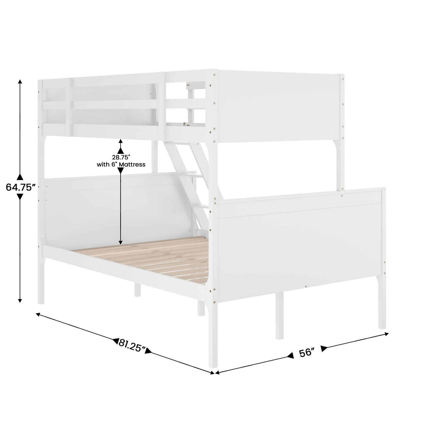 Dallas Bunk Bed Twin Over Full, Convertible Slatted Solid Wood Bunk Bed Frame with Ladder for Kids, No Box Spring Needed in White White