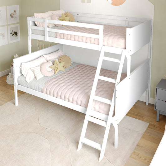 Dallas Bunk Bed Twin Over Full, Convertible Slatted Solid Wood Bunk Bed Frame with Ladder for Kids, No Box Spring Needed in White White