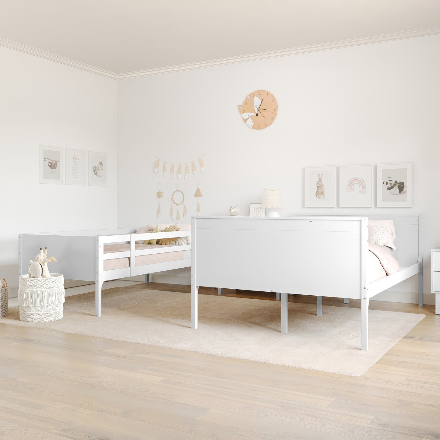 Dallas Bunk Bed Twin Over Full, Convertible Slatted Solid Wood Bunk Bed Frame with Ladder for Kids, No Box Spring Needed in White White