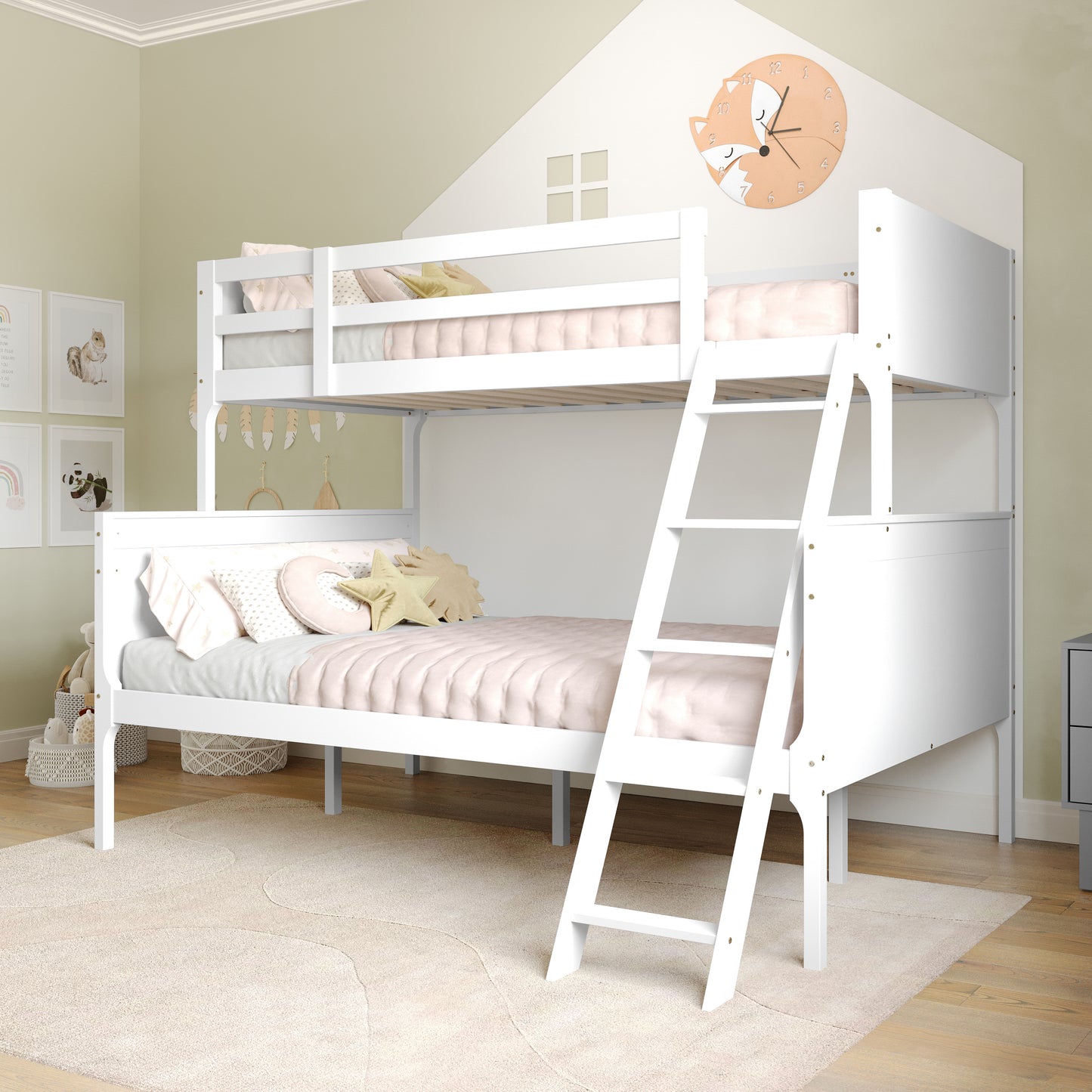 Dallas Bunk Bed Twin Over Full, Convertible Slatted Solid Wood Bunk Bed Frame with Ladder for Kids, No Box Spring Needed in White White