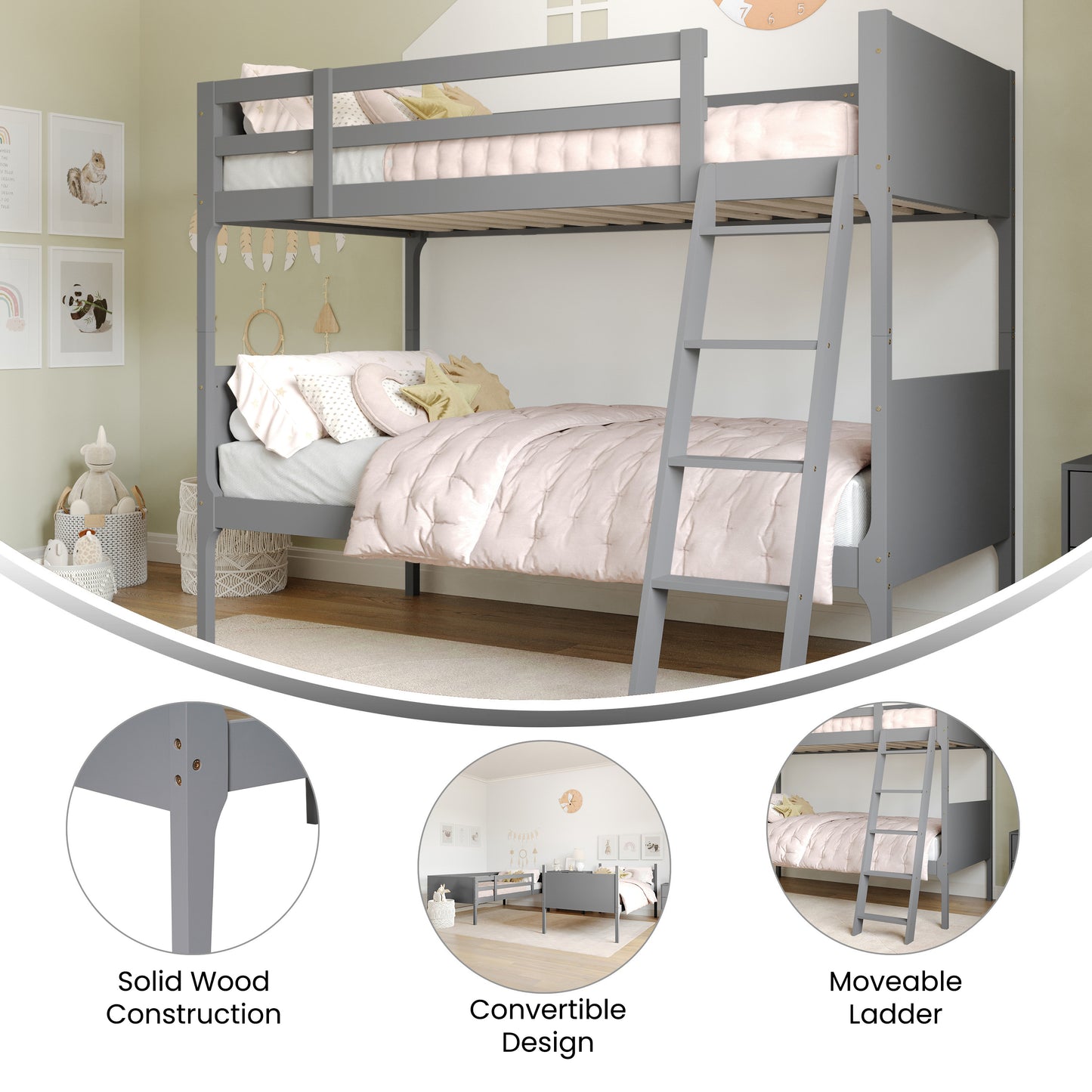Dallas Bunk Bed Twin Over Twin, Convertible Slatted Solid Wood Bunk Bed Frame with Ladder for Kids, No Box Spring Needed in Gray Gray
