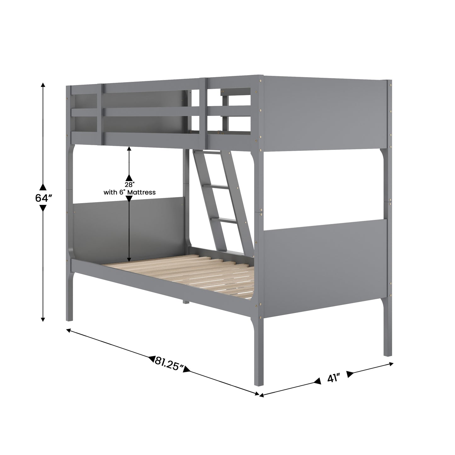 Dallas Bunk Bed Twin Over Twin, Convertible Slatted Solid Wood Bunk Bed Frame with Ladder for Kids, No Box Spring Needed in Gray Gray