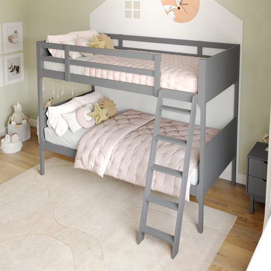 Dallas Bunk Bed Twin Over Twin, Convertible Slatted Solid Wood Bunk Bed Frame with Ladder for Kids, No Box Spring Needed in Gray Gray