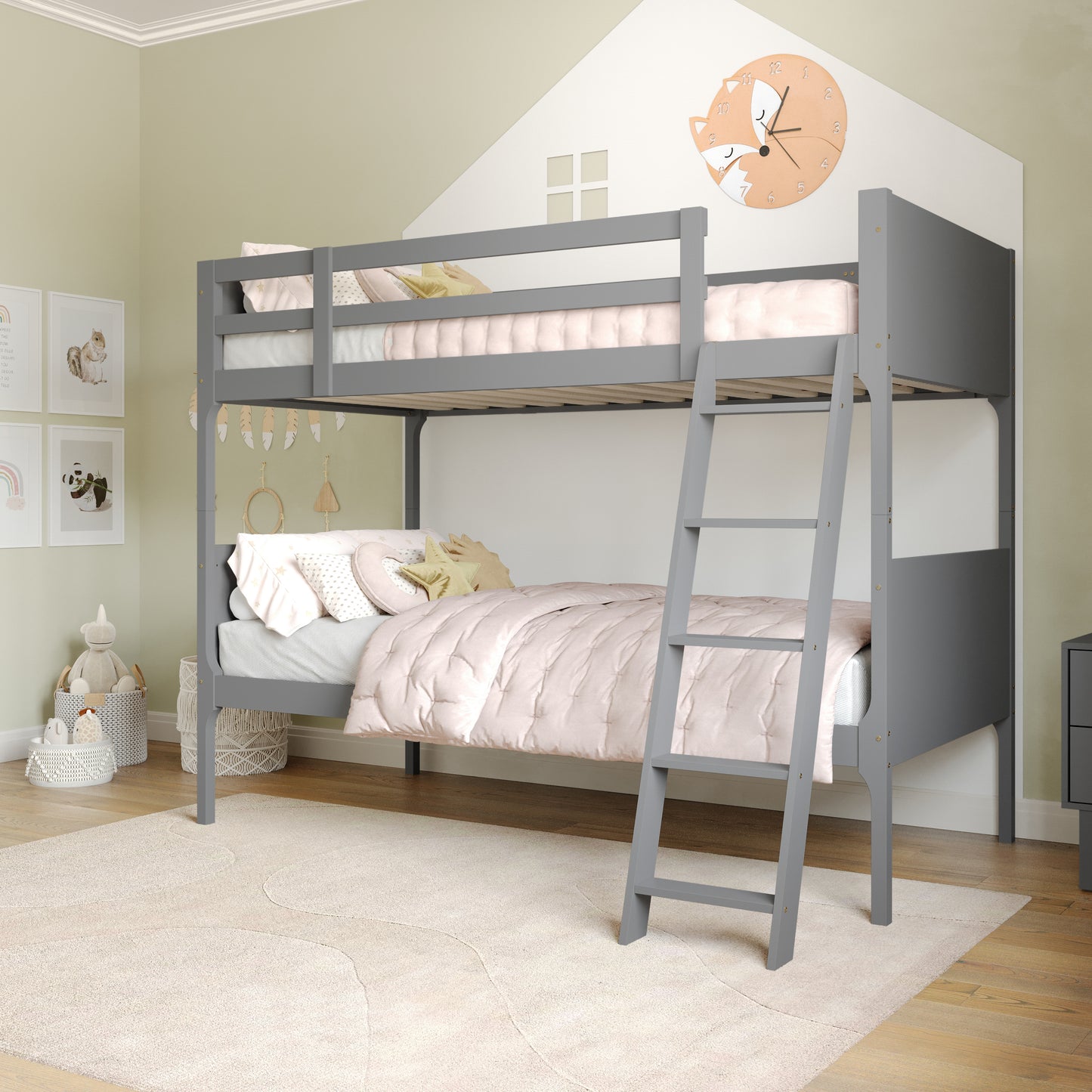 Dallas Bunk Bed Twin Over Twin, Convertible Slatted Solid Wood Bunk Bed Frame with Ladder for Kids, No Box Spring Needed in Gray Gray