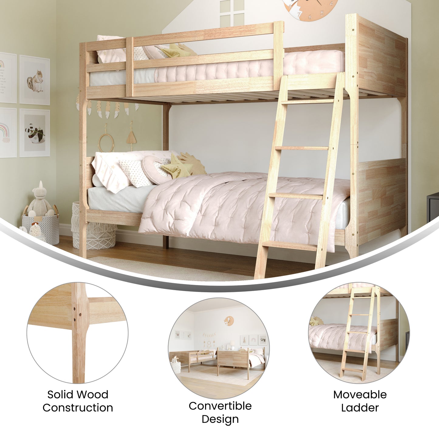 Dallas Bunk Bed Twin Over Twin, Convertible Slatted Solid Wood Bunk Bed Frame with Ladder for Kids, No Box Spring Needed in Natural Natural