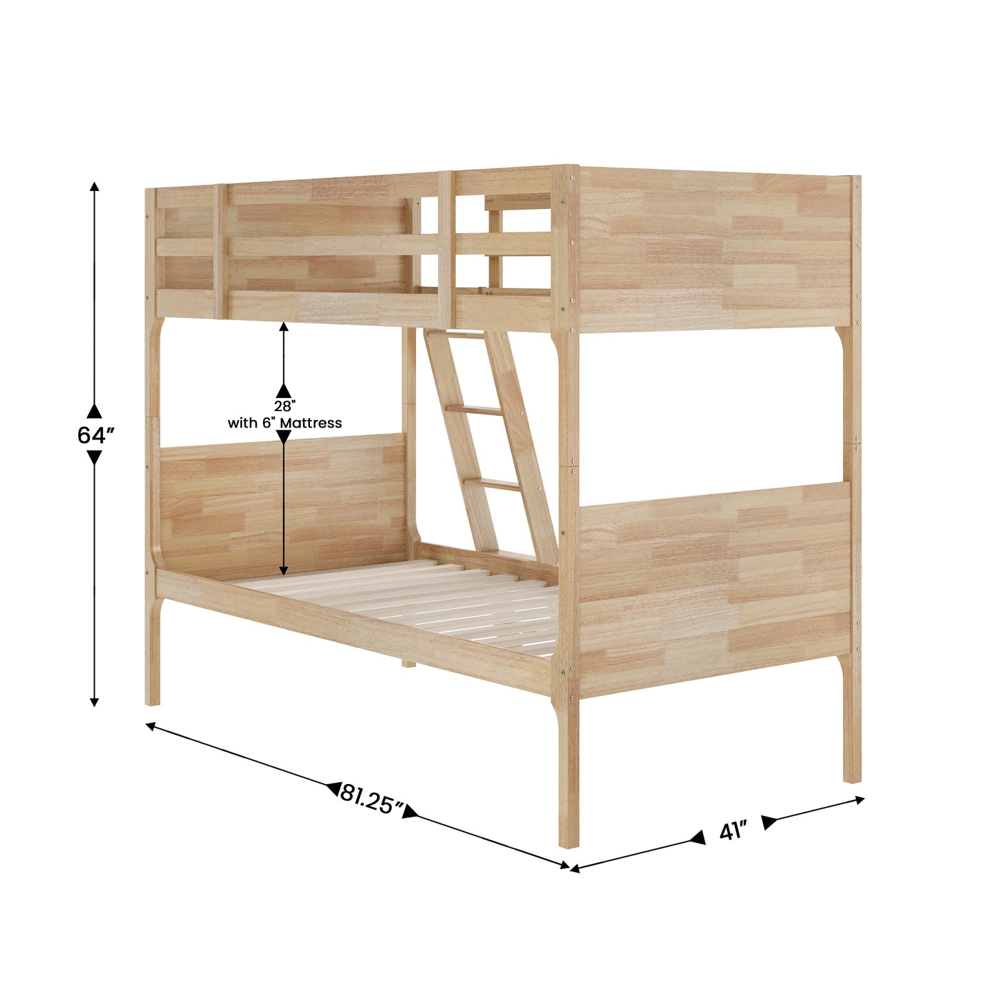 Dallas Bunk Bed Twin Over Twin, Convertible Slatted Solid Wood Bunk Bed Frame with Ladder for Kids, No Box Spring Needed in Natural Natural