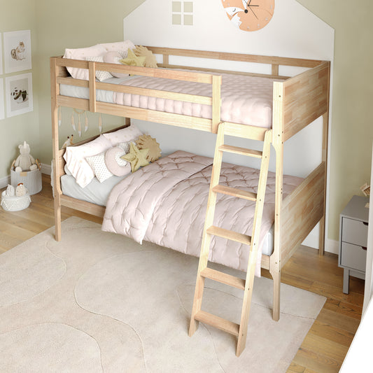 Dallas Bunk Bed Twin Over Twin, Convertible Slatted Solid Wood Bunk Bed Frame with Ladder for Kids, No Box Spring Needed in Natural Natural