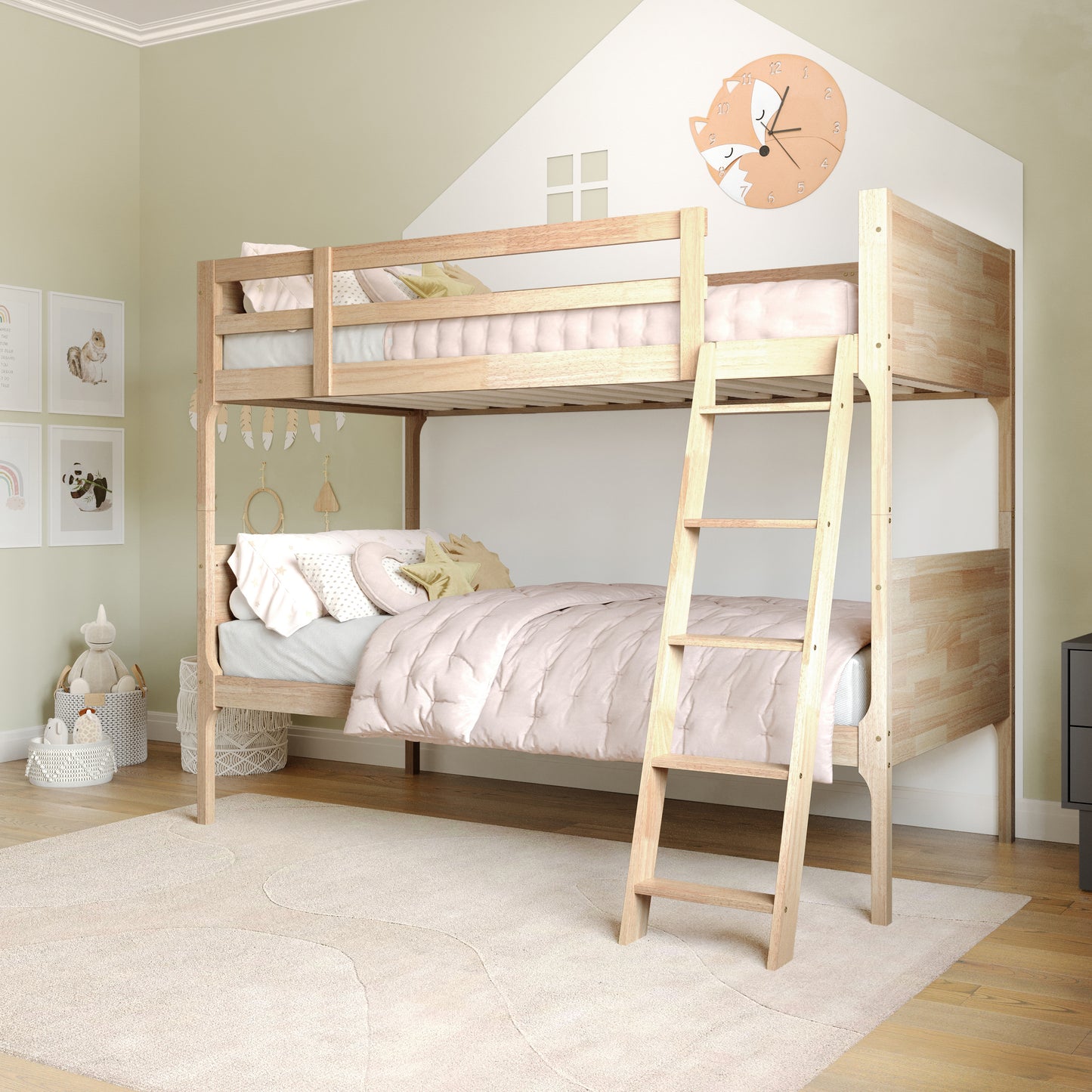 Dallas Bunk Bed Twin Over Twin, Convertible Slatted Solid Wood Bunk Bed Frame with Ladder for Kids, No Box Spring Needed in Natural Natural