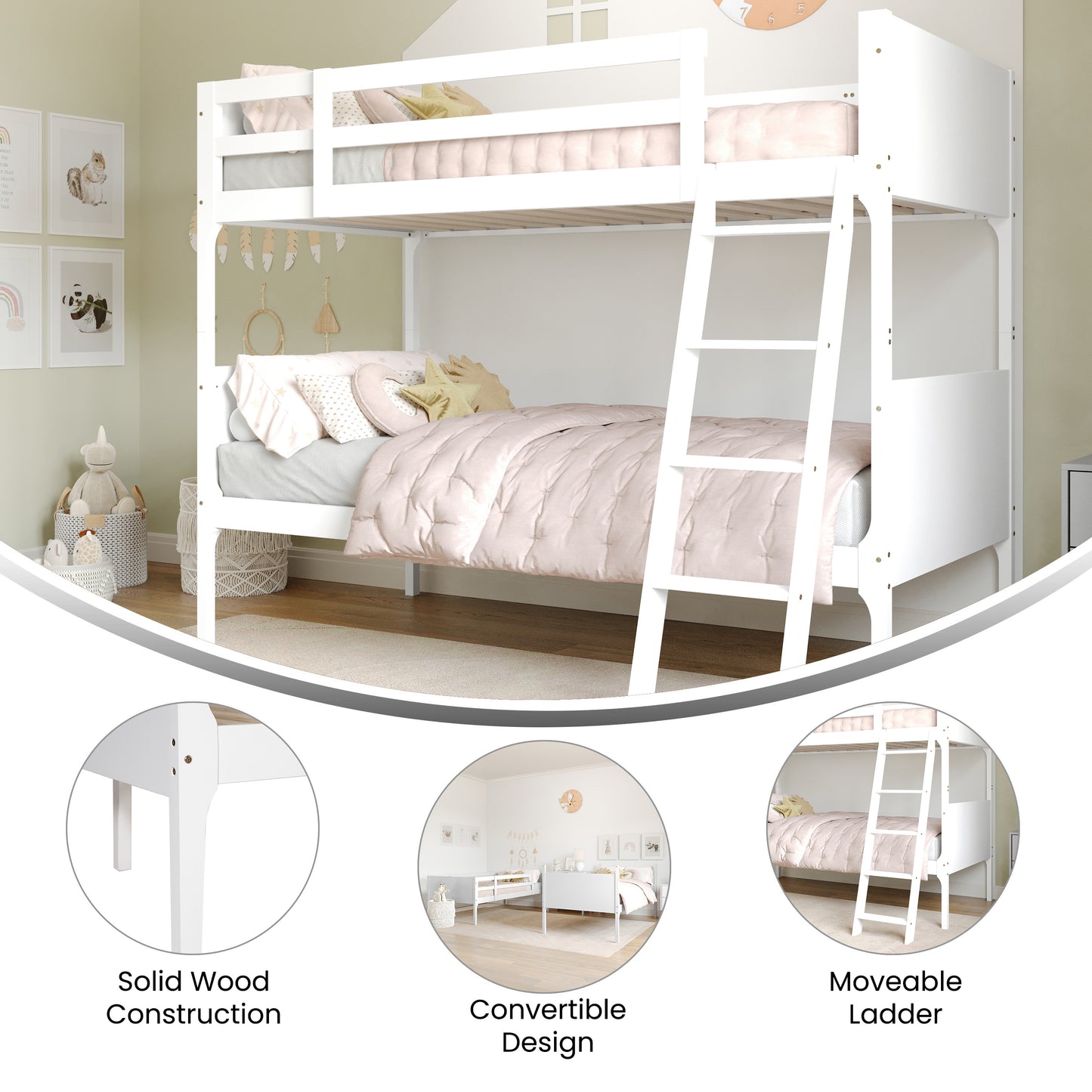 Dallas Bunk Bed Twin Over Twin, Convertible Slatted Solid Wood Bunk Bed Frame with Ladder for Kids, No Box Spring Needed in White White