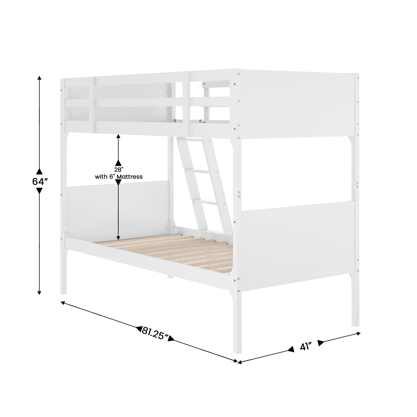 Dallas Bunk Bed Twin Over Twin, Convertible Slatted Solid Wood Bunk Bed Frame with Ladder for Kids, No Box Spring Needed in White White