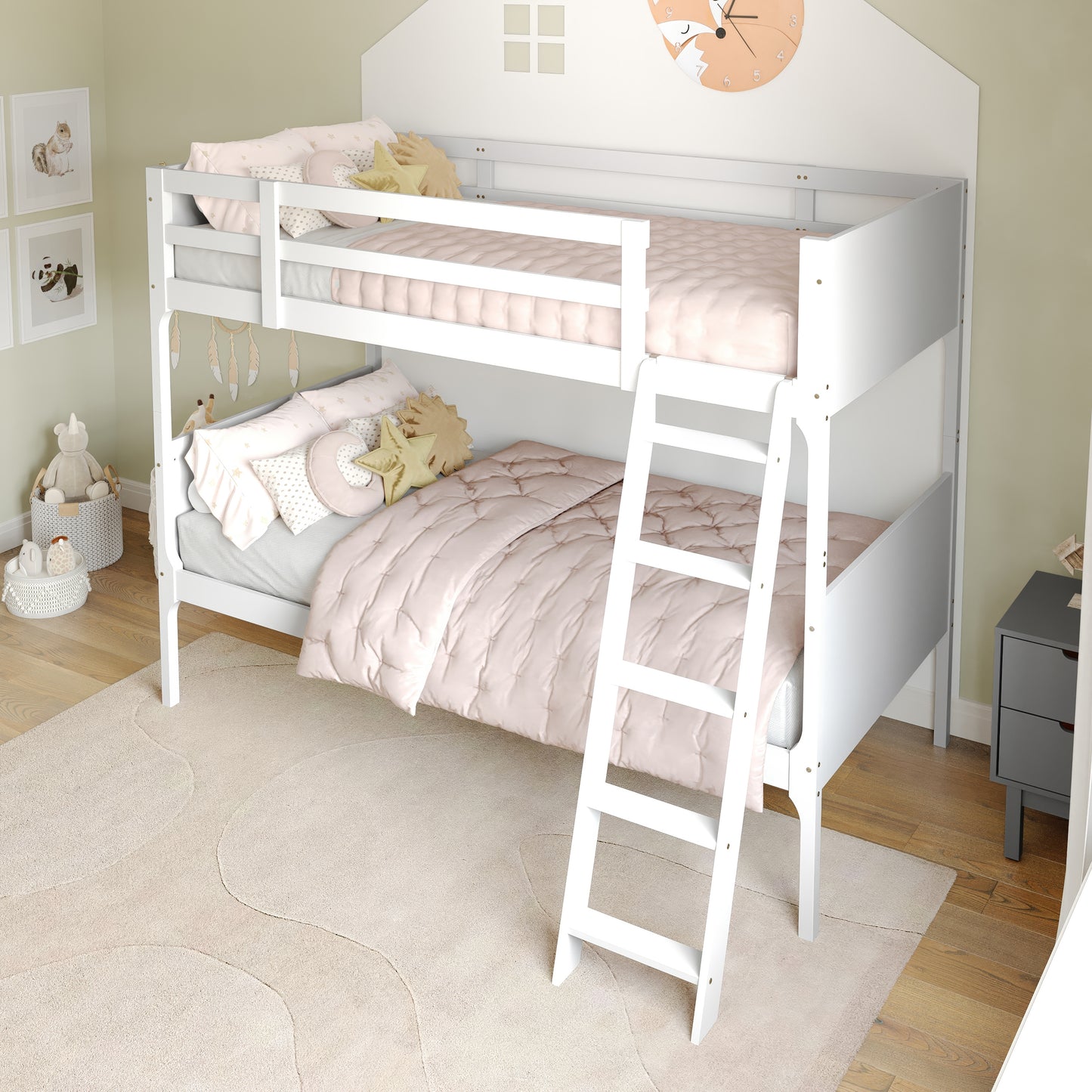Dallas Bunk Bed Twin Over Twin, Convertible Slatted Solid Wood Bunk Bed Frame with Ladder for Kids, No Box Spring Needed in White White