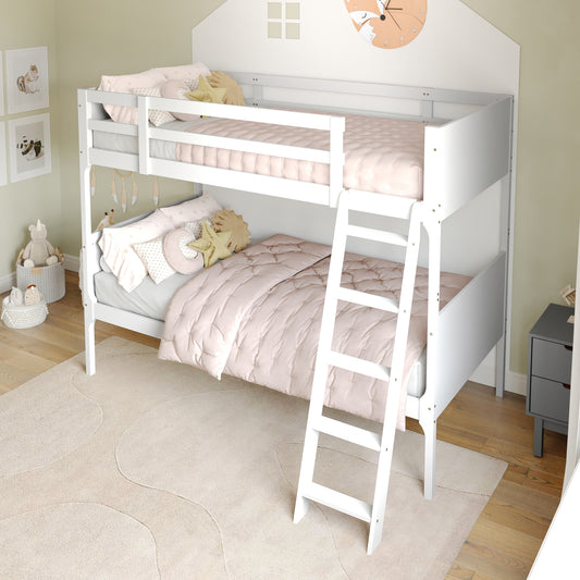 Dallas Bunk Bed Twin Over Twin, Convertible Slatted Solid Wood Bunk Bed Frame with Ladder for Kids, No Box Spring Needed in White White