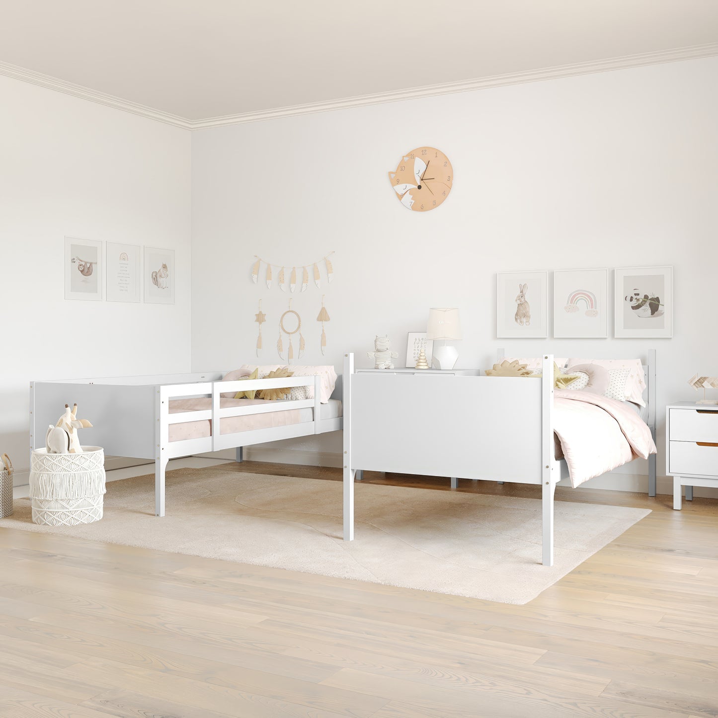 Dallas Bunk Bed Twin Over Twin, Convertible Slatted Solid Wood Bunk Bed Frame with Ladder for Kids, No Box Spring Needed in White White