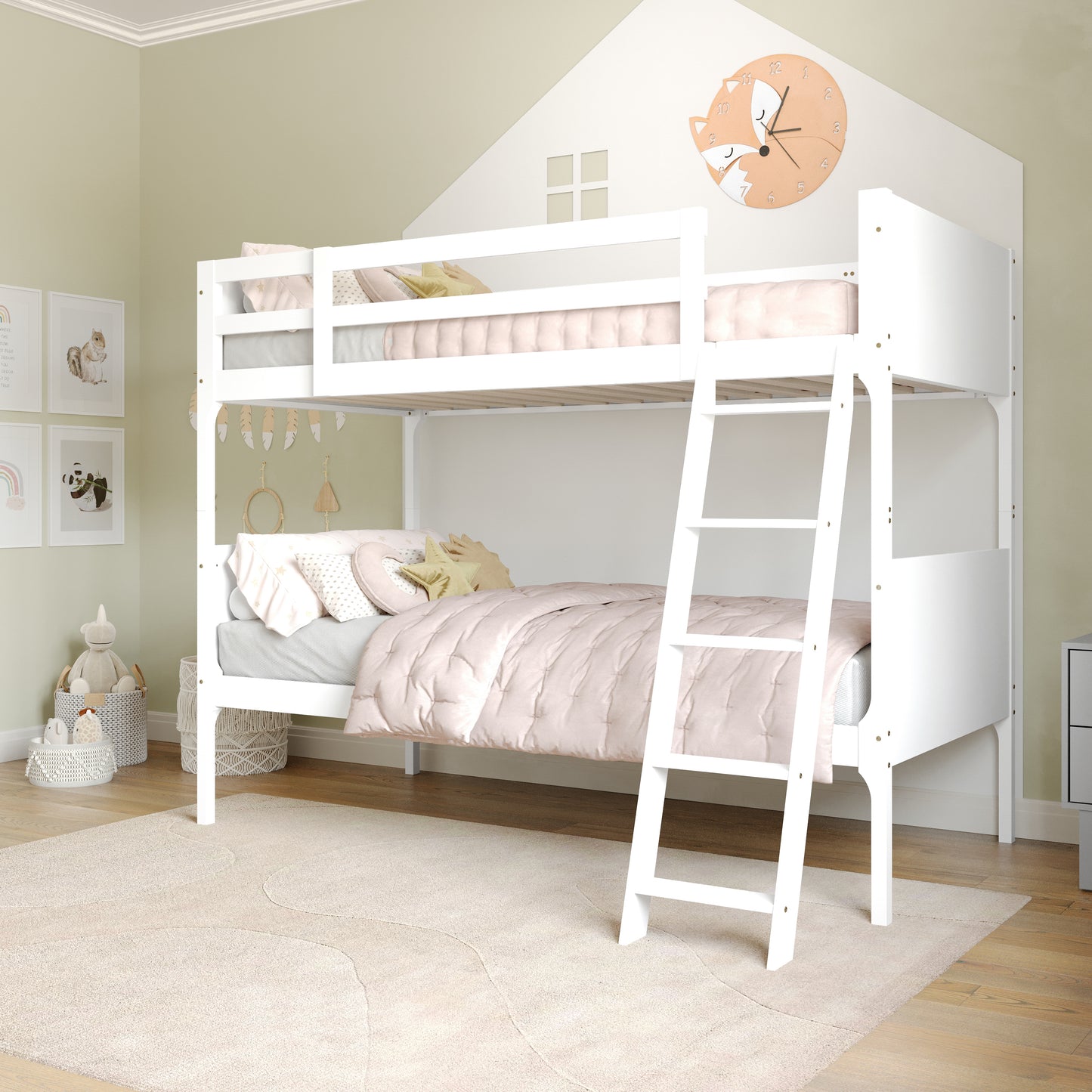 Dallas Bunk Bed Twin Over Twin, Convertible Slatted Solid Wood Bunk Bed Frame with Ladder for Kids, No Box Spring Needed in White White