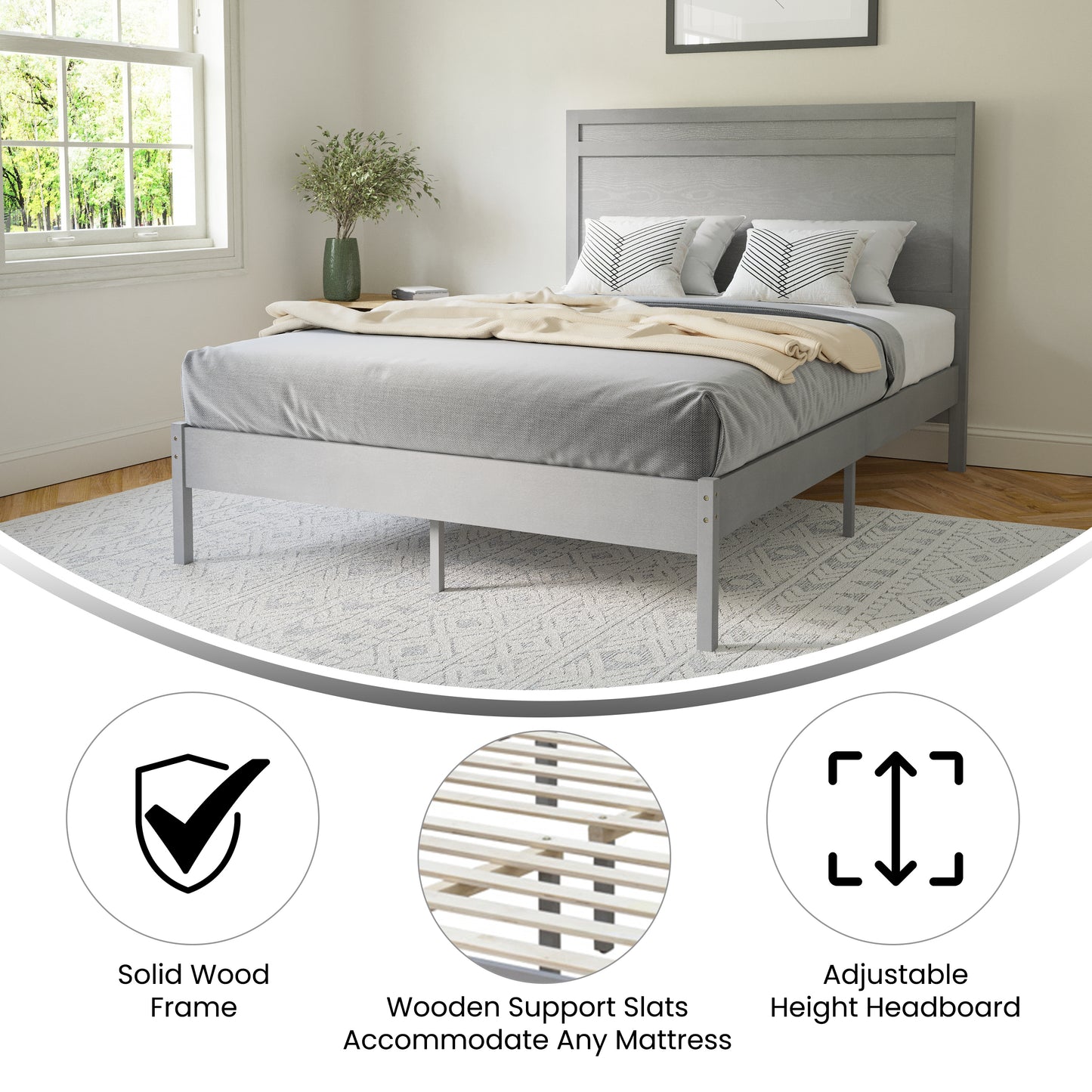 Kingston Full Size Solid Wood Platform Bed with Wooden Slats and Headboard, No Box Spring Needed, Gray Gray