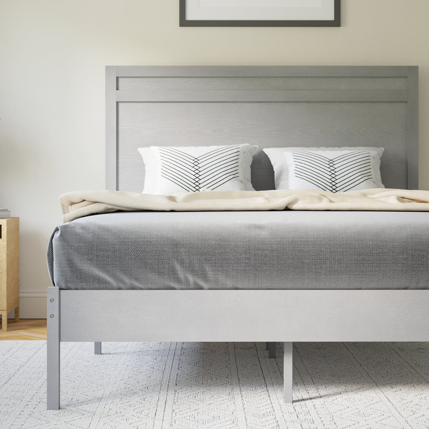 Kingston Full Size Solid Wood Platform Bed with Wooden Slats and Headboard, No Box Spring Needed, Gray Gray