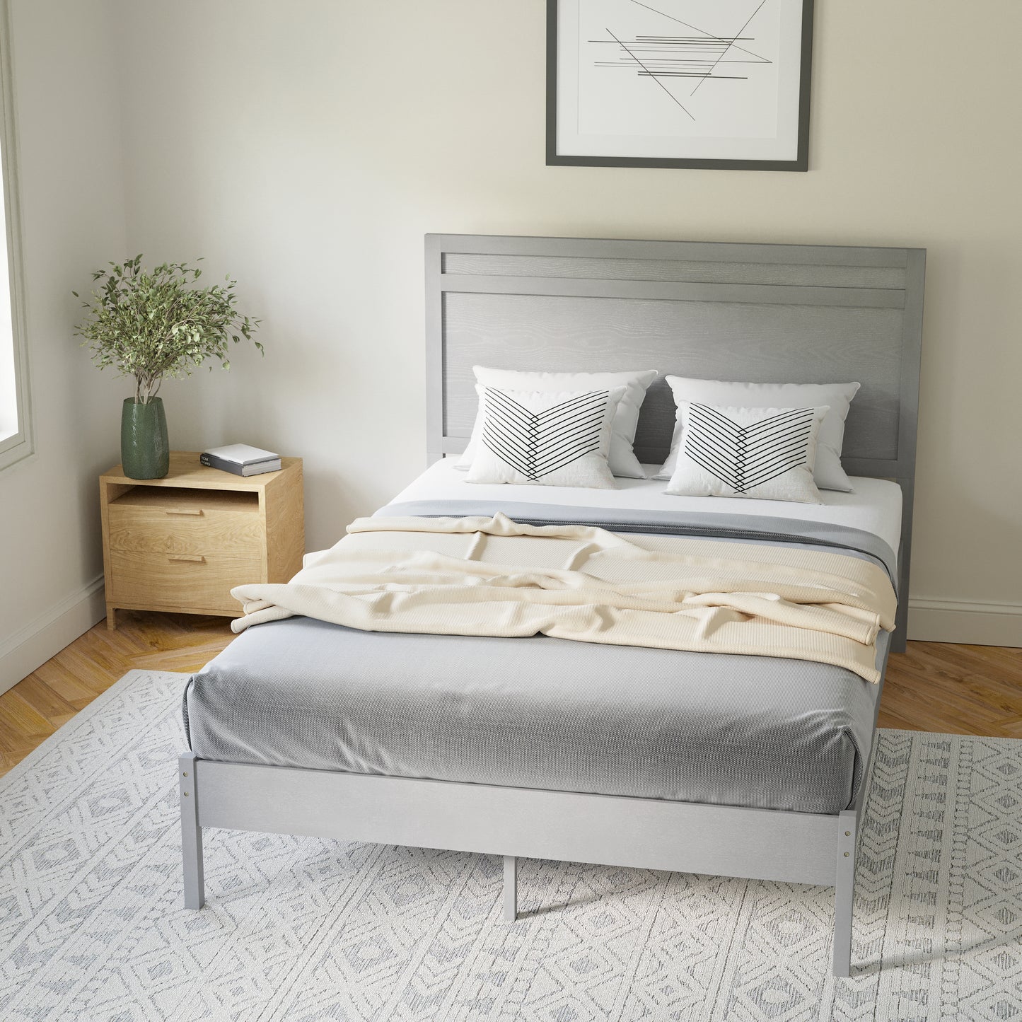 Kingston Full Size Solid Wood Platform Bed with Wooden Slats and Headboard, No Box Spring Needed, Gray Gray