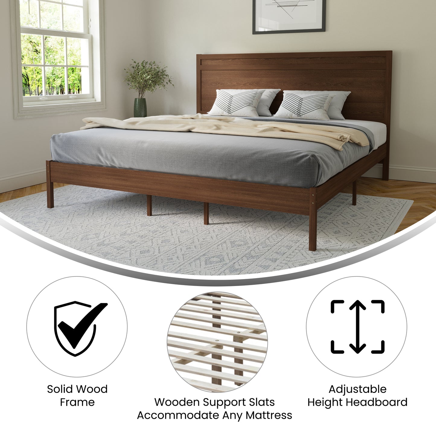 Kingston King Size Solid Wood Platform Bed with Wooden Slats and Headboard, No Box Spring Needed, Brown Brown
