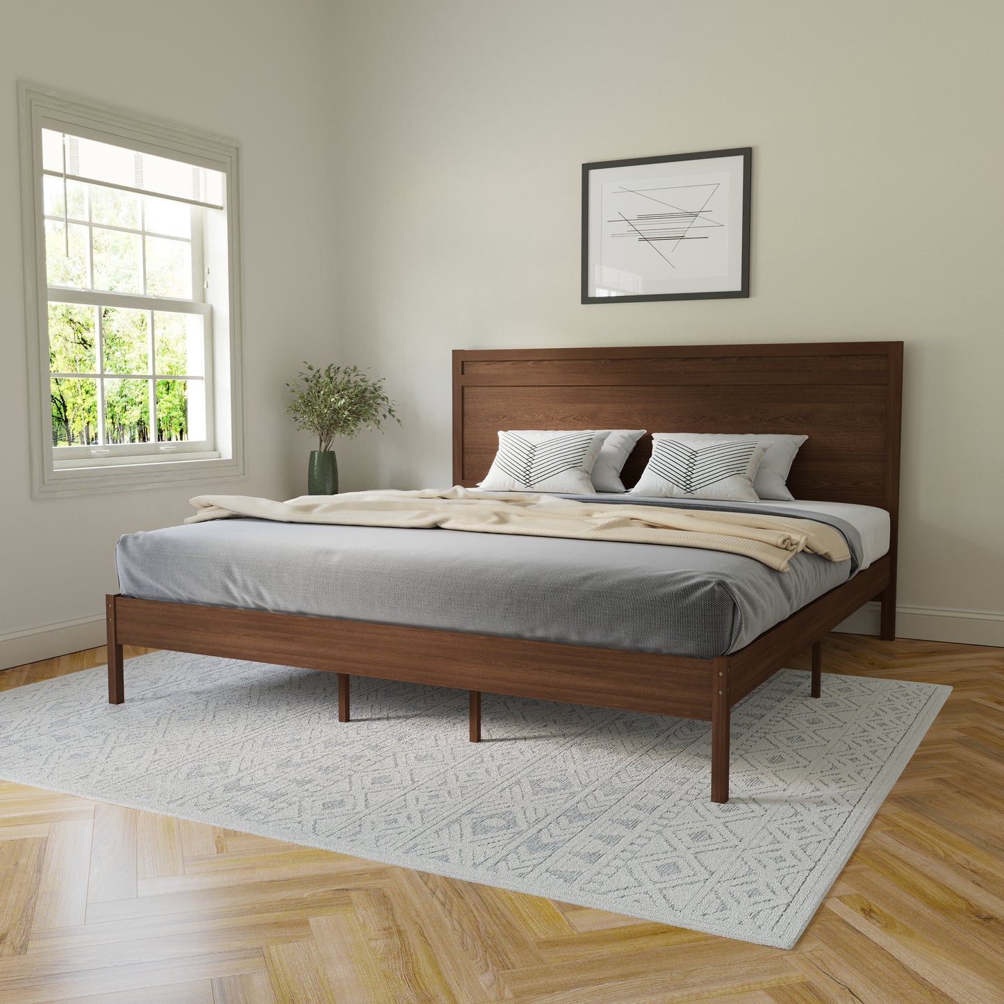 Kingston King Size Solid Wood Platform Bed with Wooden Slats and Headboard, No Box Spring Needed, Brown Brown
