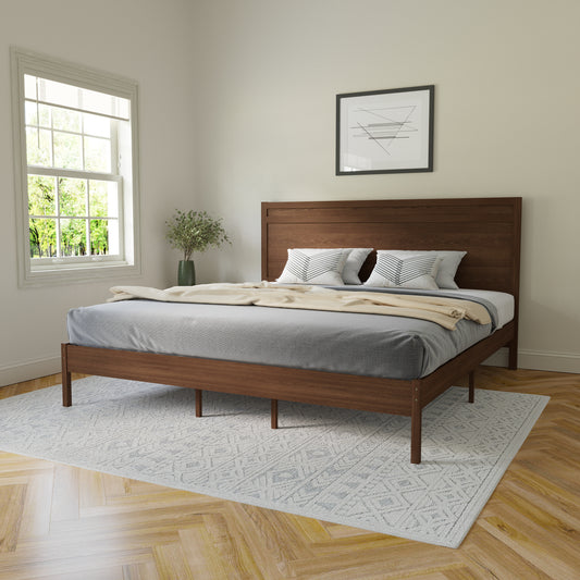 Kingston King Size Solid Wood Platform Bed with Wooden Slats and Headboard, No Box Spring Needed, Brown Brown MG-09003KB-K-BRN-GG
