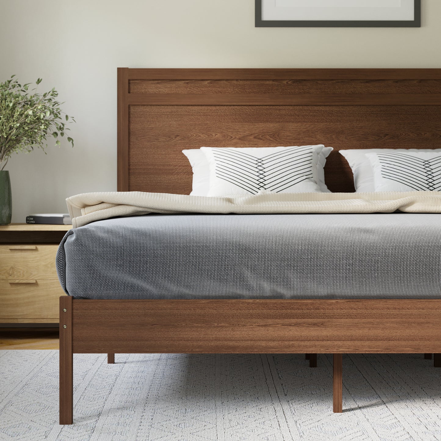 Kingston King Size Solid Wood Platform Bed with Wooden Slats and Headboard, No Box Spring Needed, Brown Brown