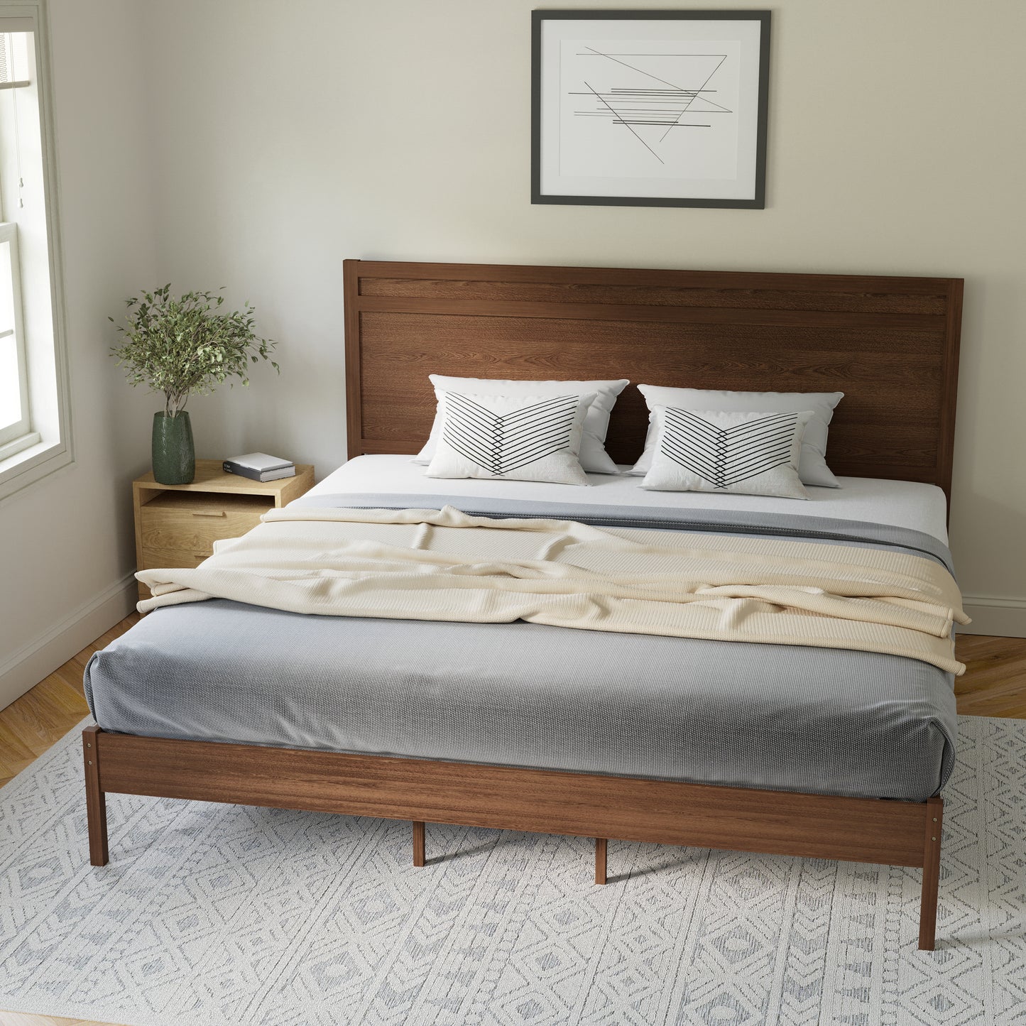 Kingston King Size Solid Wood Platform Bed with Wooden Slats and Headboard, No Box Spring Needed, Brown Brown